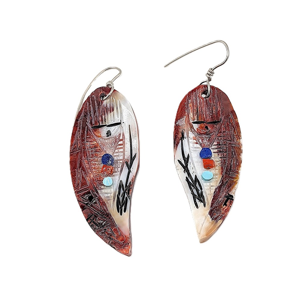 Handmade Native Earrings Purple Kachina Shell Zuni Pueblo Art by G. Chattin ** - Picture 7 of 8